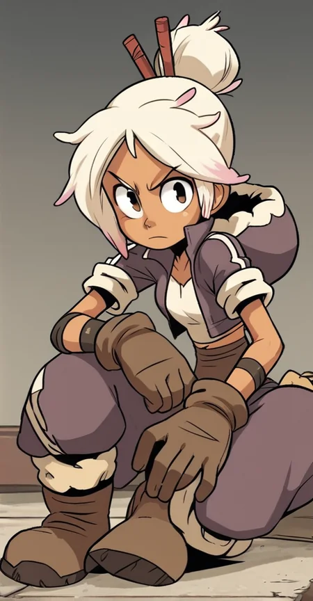 score_9, 1girl, blonde hair, white hair, multicolored hair, hair bun, hair stick, brown gloves, gloves, solo, boots, dark skin, dark-skinned female,  looking at viewer, <lora:Dee_Diesel:1>