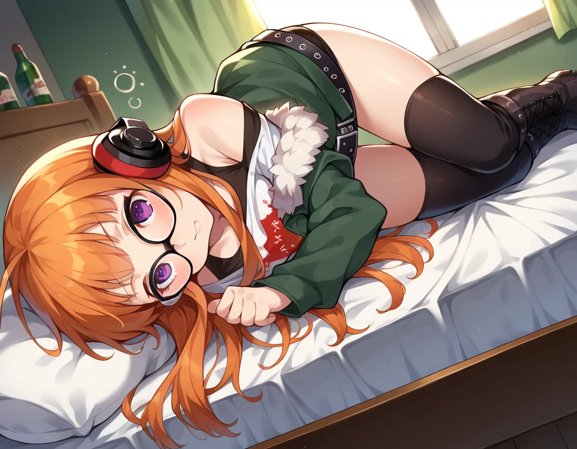 score_9, score_8_up, score_7_up, source_anime,
futabasakura, <lora:futaba-sakura-ponyxl-lora-nochekaiser:1>,
futaba sakura, orange hair, long hair, purple eyes, ahoge,
behind-the-head headphones, glasses, belt boots, black footwear, black thighhighs, cross-laced footwear, fur trim, fur-trimmed jacket, green jacket, headphones, jacket, knee boots, lace-up boots, off shoulder, off-shoulder shirt, shirt, t-shirt, thighhighs, thighhighs under boots,
indoors, bed, bed room, on side, blush, drunk,
looking at viewer, cowboy shot, dutch angle,