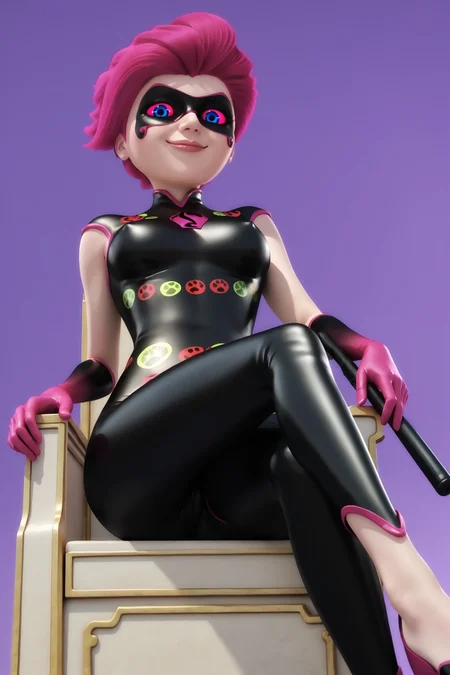 score_9, score_8_up, score_7_up, masterpiece, detailed, 4k, high quality, best quality, imtdmiraculer, 1girl, beatiful girl, bodysuit, pink hair, domino mask, blue eyes, colored sclera, pink sclera, skin tight, mask, elbow gloves, sleeveless, short hair, makeup, wide hips, no bra, covered nipples, holding police baton, weapon, sitting, sitting on a big throne, evil smile, evil, closed mouth, legs crossed, from below, looking at viewer, black and purple background
