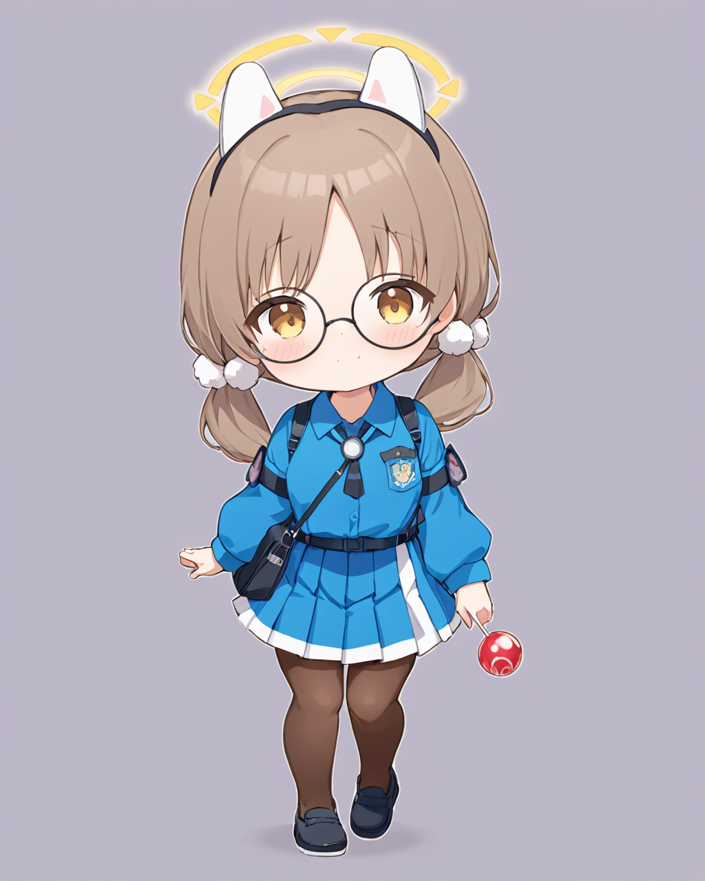 moe \(blue archive\),1girl, solo, kindergarten_uniform, round_eyewear, pleated_skirt, blue_skirt, halo, blue_shirt, glasses, holding_lollipop, long_sleeves, swirl_lollipop, low_twintails, chibi, shoulder_bag, blush, black_footwear, walking, shoes, full_body, pom_pom_hair_ornament, brown_pantyhose, collared_shirt, blush_stickers, food_in_mouth
<lora:moe_(blue_archive)_image1188_2023-11-28-000014:1>halo. gorgeous,key visual, vibrant, studio anime,award-winning, professional, highly detailed,high budget, cinemascope