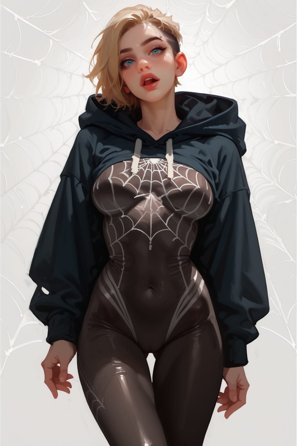 1girl, blonde hair, bodysuit, silk, solo, spider web, breasts, hooded bodysuit, hood, eyebrow piercing, spider web print, open mouth, superhero, blue eyes, asymmetrical hair, medium breasts, hood down, ballet slippers, undercut, short hair, skin tight, covered navel, blush, piercing, artist name, zPDXL3, detailxl,  Score_PnyReal, (lineless:1.5)