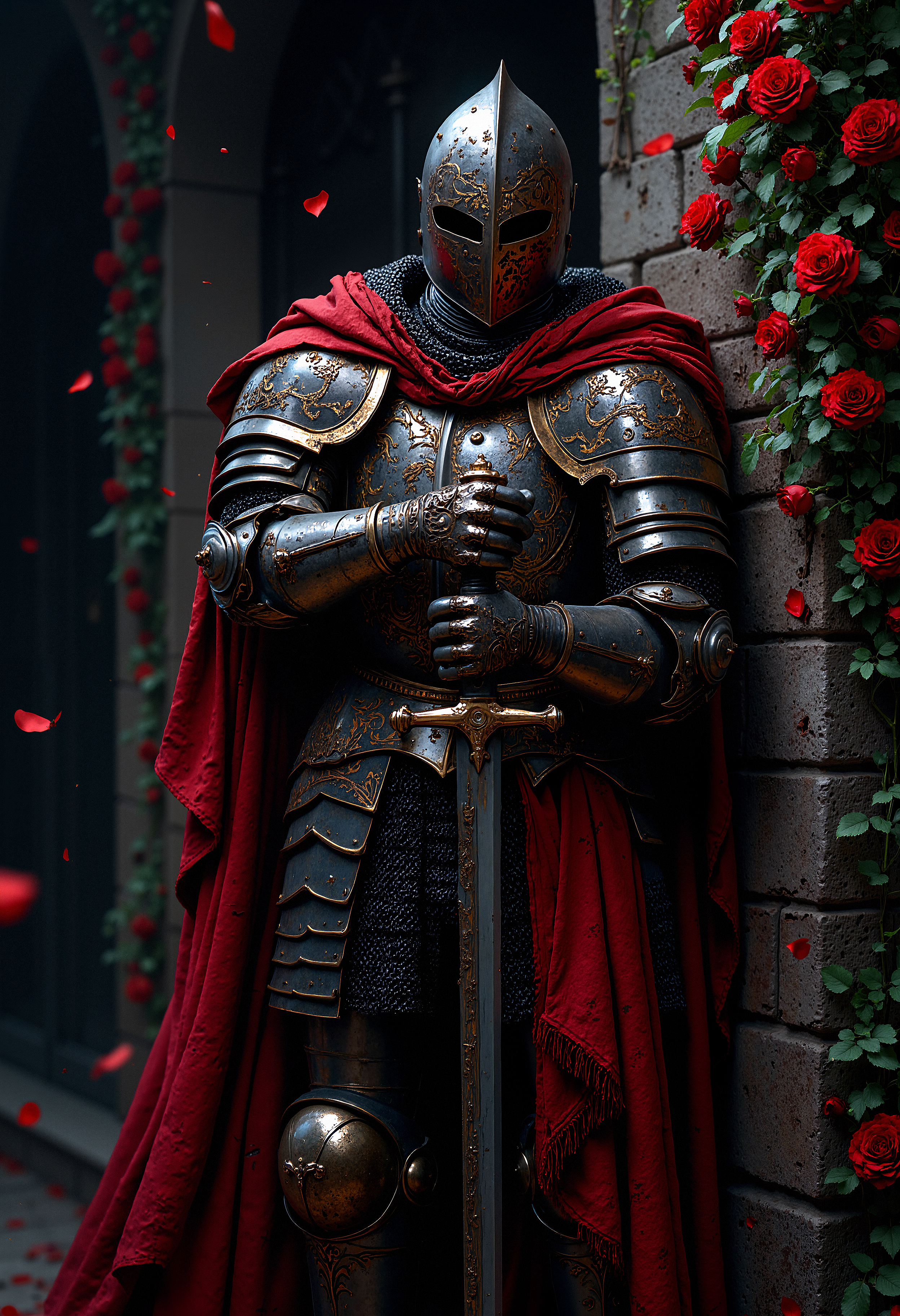 Medieval knight in full plate armor, standing in a side profile, covered with intricate ornate patterns, wearing a red tattered cloak, chainmail visible underneath, holding a sword by the hilt, dark and aged steel with gold accents, helmet with narrow eye slits, surrounded by deep red roses and green leaves, petals gently falling, dramatic shadows, dark and mysterious atmosphere, detailed texture of armor and cloak, moody and cinematic lighting, framed by a wall overgrown with roses.  <lora:FluxMythP0rtr4itStyle:0.8> MythP0rt,
