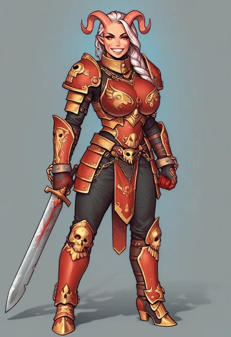 big breasts, (curvy), eyelashes, Khorne marks, marks of Chaos, evil, blood, DaughterOfKhorne, (((skull))), chain, spikes, armor, 1girl, long hair, white hair, looking at viewer, smile, teeth, red eyes, straight horns, red theme, fire, shoulder armor, gauntlets, , pauldrons, full armor, demon, pretty face, space marine, ((dynamic pose))
<lora:bolter:0.9>
<lora:gstr-pdxl:0.8>
<lora:Cherry-Gig:0.55>
((((full-clothed armor)))), ((heavy chain sword in hands, two-handed flamberg in hands))
BREAK
(((temple in background))) score_9, score_8_up, score_7_up, score_6_up, source_cartoon, rating_explicit, Expressiveh, (((((full body))))), dynamic pose