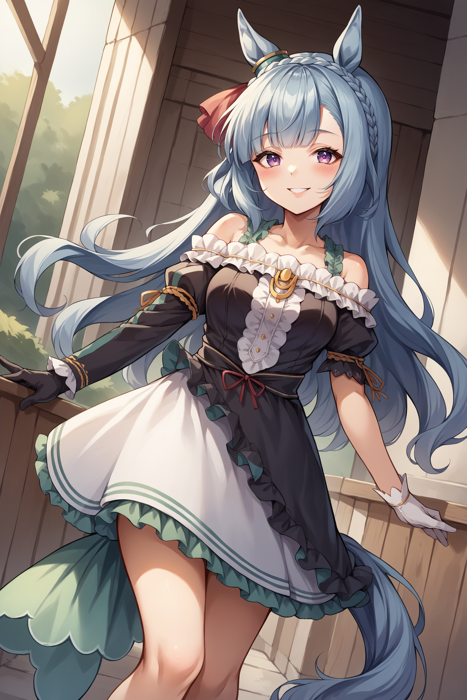 score_9, score_8_up, score_7_up, , rating_general ,1girl , ards, crown braid, horse ears, ear ornament, frills, off-shoulder dress, uneven sleeves, asymmetrical gloves, horse tail, mismatched footwear, dynamic angle , source_anime    ,  cowboy shot, indoors, naughty face, smile, night, outdoors, <lora:ArdanPDCAME UMA:1>