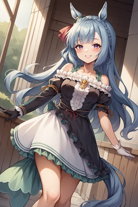 score_9, score_8_up, score_7_up, , rating_general ,1girl , ards, crown braid, horse ears, ear ornament, frills, off-shoulder dress, uneven sleeves, asymmetrical gloves, horse tail, mismatched footwear, dynamic angle , source_anime    ,  cowboy shot, indoors, naughty face, smile, night, outdoors, <lora:ArdanPDCAME UMA:1>