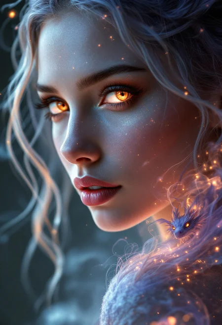 Create a mesmerizing close-up of a mythical creature with enchanting female features, focusing on her face and a small dragon perched on her shoulder. Her face is the epitome of otherworldly beauty, glowing with a soft, radiant light that illuminates the surrounding darkness. Her expression is serene yet powerful, with eyes that convey ancient wisdom and magic. Her flawless skin shimmers faintly, as if touched by stardust, and her flowing hair frames her face, gently swaying as if suspended in a dreamlike state.
Perched on her shoulder, a small dragon is also in sharp focus, its delicate scales reflecting hues of purple and orange, perfectly complementing the swirling smoke that her wings stir in the background. The dragon's wings are slightly spread, with tiny tendrils of smoke rising from them, adding to the mystical atmosphere. Its bright, intelligent eyes meet hers, suggesting a deep connection between them. The intricate details of both the creature’s face and the dragon are meticulously crafted, highlighting their bond. The dark, shadowy background emphasizes the glowing, radiant beauty of the mythical pair.