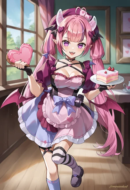 score_9, score_8_up, score_7_up, source_anime, 1girl, indoors, <lora:Ironmouse_XLPD:1>, IronmouseWonderland, purple eyes, demon horns, demon girl, demon tail, demon wings, pointy ears, twintails, heart ahoge, long hair, bangs, heart hair ornament, dress, fingerless gloves, cleavage, choker, bow, hat, apron, black gloves, asymmetrical legwear, mismatched legwear, frills, socks, striped, beret, cake, holding cake, pov, happy,