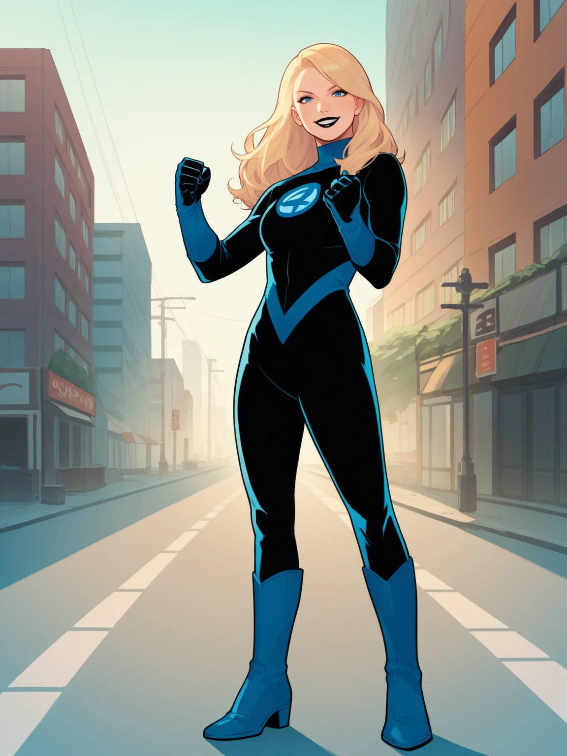 score_9, score_8_up, score_7_up, score_6_up, score_5_up, score_4_up, BREAK, source_anime,
1girl, susanrichards, blonde hair, long hair, blue eyes, makeup, black lips,
black bodysuit, blue turtleneck, gloves, boots,
clenched hands, smile, solo, standing, looking at viewer, buildings, street, new york street background <lora:SusanRichardsXL:1>