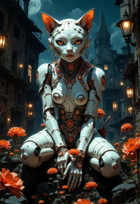 impressionist classical-style painting of a highly detailed, fantasy scene with a dramatic, robotic aesthetic. The central figure is an intricately detailed, hyper-realistic, portrait of a robotic cat girl, looking intently at the viewer, who is perched on her hind legs on a fence top late at night and bathed in moonlight. Her cat head and body are made of white plastic, shiny and smooth with multi-colored, exposed wiring going down her neck creating an organic mosaic pattern on her robotic skin. Her large cat eyes seem to hold ancient secrets. She is set against an eerie backdrop of an old warehouse. Her ornate, futuristic catsuit is adorned with delicate wiring and hand-crafted paper flowers, their petals unfolding like tiny, intricate sculptures torn and weathered by time. The overall impression is one of dramatic beauty, with an almost otherworldly quality. (((ultra-realistic style))), realistic soft lighting, dark, eye-catching, atmospheric lighting, natural, shallow depth of field, (highlights: 0.8), high detail (dynamic, cinematic shot, film grain, bokeh, depth of field,)