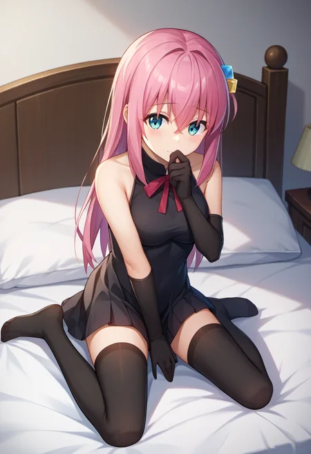 score_9, score_8_up, score_7_up, score_6_up, score_5_up, score_4_up, source_anime, BREAK
GotouHitori, 1girl, thighhighs, solo, dress, gloves, black dress, elbow gloves, black gloves, on bed, hand to own mouth, sitting, two-sided skirt, bed, looking at viewer, black thighhighs, sitting on bed, bare shoulders, sleeveless, hair between eyes, sleeveless dress, wariza, two-sided fabric, breasts, ribbon, hand between legs, no shoes, between legs, indoors, seiza
<lora:GotouHitori_PD6XL:1>