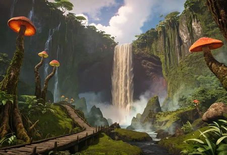 Split terrain in left and right side, where the right side is lava land landscape and the left side is a jungle and water.
masterpiece, best quality, ultra detailed, professional light, cinematic lighting, ambient lighting, atmospheric effects, photorealistic, epic landscape, high fantasy, waterfall, mountains, cliff, one bridge, (path with gold filled cracks), clouds, high trees, giant trees, weird trees, rainbow mushrooms, (jungle), volcano.
