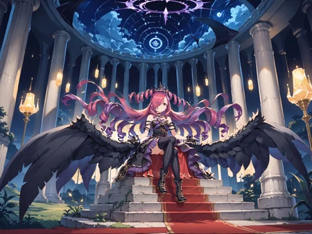 score_max, (score_9, score_8_up, score_7_up:1.2), score_6_up, official art, source_anime,
masterpiece, absurdres, high detail,
night, black background, indoors, castle, fish eye, landscape, stairs, red carpet, thrones, stone pillar,
sitting, leaning back, crossed legs, armrest, headrest, shaded face, expressionless, frown,
iroha, purple hair, very long hair, drill hair, double drill, hair over one eye, magicafallen, halo, crown, tiara, choker, black dress, heart brooch, bare shoulders, sleeveless, striped, black gloves, fur-trimmed skirt, vertical-striped thighhighs, black thighhighs, boots, black wings, multiple wings
<lora:XL_Pony_MGCM-iroha-t1:1>