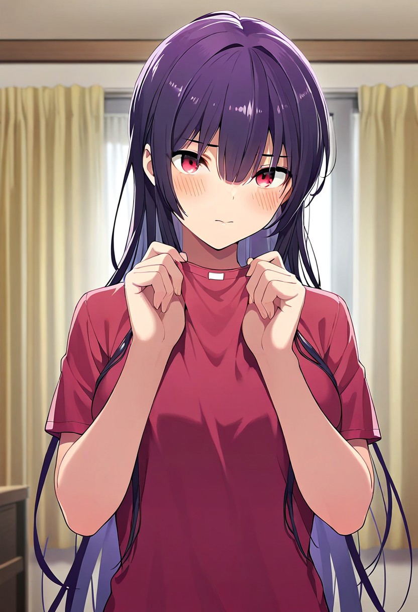 masterpiece,best quality,amazing quality, takamine takane, long hair, purple hair, red eyes, 1girl, solo, blush, holding, upper body, curtains, red shirt, indoors, shirt, looking at viewer, hair between eyes, closed mouth, short sleeves, holding clothes
