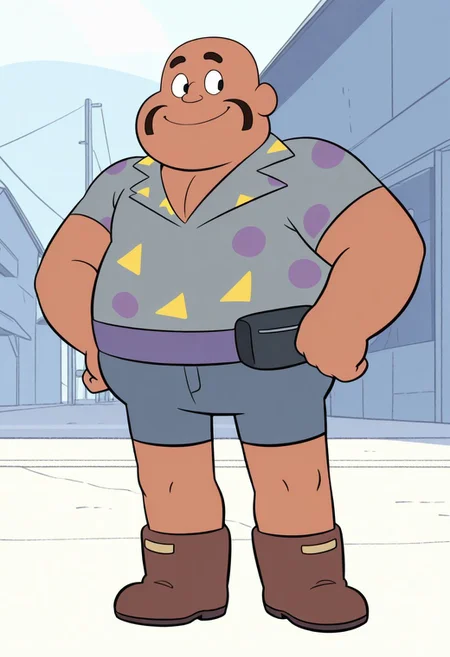 HaroldSmiley, 1boy, male focus, fat, black mustache, black eyes, bald, dark skin, gray-blue shirt, smile, brown boots, fanny pack, shorts