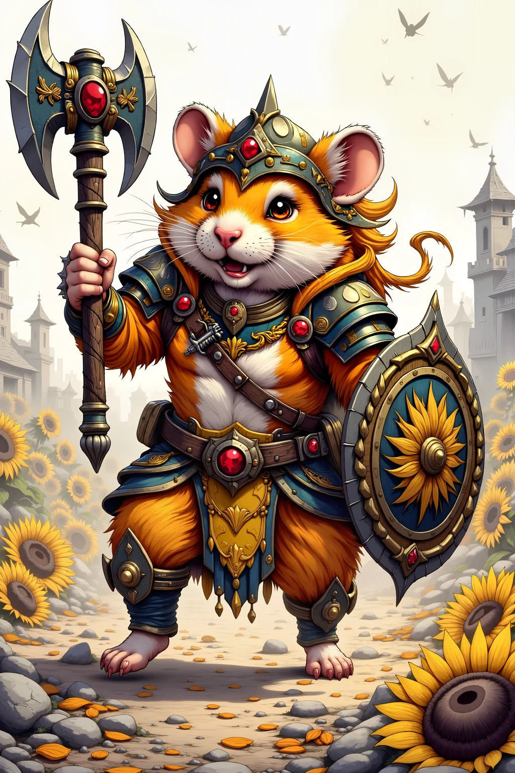 babel-pencil,A hamster berserker charges into battle, his tiny form wreathed in ancestral rage-magic. His miniature war-axe glows with power far too large for its size. Battle-squeaks shake the very ground. His helmet is forged from dragon-tooth, carved to look like a roaring bear with red gems for eyes and golden whiskers. His armor bears the proud mark of the Sunflower Siege Corps - a hamster standing triumphant atop a mountain of seeds - worked in gold and steel. His shield, sized for his tiny form but impossibly strong, shows a great wheel crushing his enemies beneath it. Behind him, a vast battlefield strewn with fallen sunflower seeds stretches to the horizon. Fantastic lighting. Detailed shadows.intricate details, vivid colors, hyper-detailed, ultra-sharp<<lora:babel-pencil>