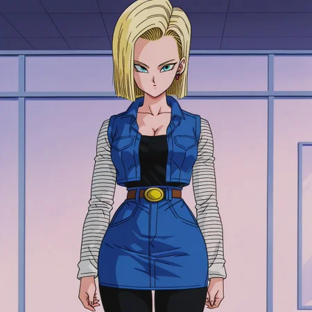dbstyle, screencap, best quality, android_18, blonde hair, 1girl, solo, blue eyes, , blonde hair, shirt, blue eyes, belt, black leggings, cleavage, collarbone, denim, denim skirt, high-waist skirt, jewelry, long sleeves, pocket, shirt, shirt tucked in, skirt, striped, striped sleeves, blue denim waistcoat, thick thighs, wide hips,
standing, looking at viewer,