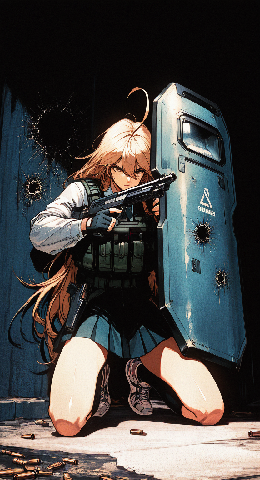 masterpiece, best quality, good quality, very aesthetic, absurdres, newest, 1girl, ahoge, ballistic shield, beretta 1301, bullet hole, collared shirt, fingerless gloves, full body, gloves, gun, hair between eyes, handgun, holding, holding gun, holstered, huge ahoge, kneehighs, load bearing vest, long bangs, long hair, long sleeves, miniskirt, necktie, pleated skirt, serious, shirt, shoes, shotgun, skirt, sneakers, socks, solo, tactical clothes, very long hair, weapon, retro_artstyle, retro,
FF Style <lora:ponyv6_noobV1_2_adamW-000017:0.7> <lora:USNR_STYLE_XL_lokr:0.5> <lora:MinimalColorSketchIllustriousV1:0.3> <lora:retro_scifi_artstyle_illustriousXL-000021:0.6>
