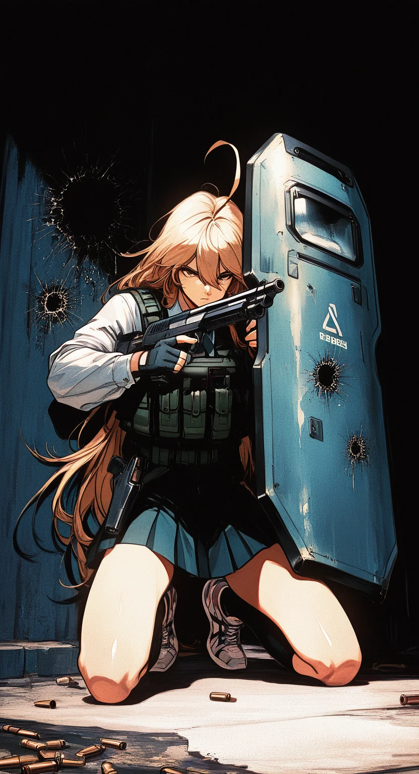 masterpiece, best quality, good quality, very aesthetic, absurdres, newest, 1girl, ahoge, ballistic shield, beretta 1301, bullet hole, collared shirt, fingerless gloves, full body, gloves, gun, hair between eyes, handgun, holding, holding gun, holstered, huge ahoge, kneehighs, load bearing vest, long bangs, long hair, long sleeves, miniskirt, necktie, pleated skirt, serious, shirt, shoes, shotgun, skirt, sneakers, socks, solo, tactical clothes, very long hair, weapon, retro_artstyle, retro,
FF Style <lora:ponyv6_noobV1_2_adamW-000017:0.7> <lora:USNR_STYLE_XL_lokr:0.5> <lora:MinimalColorSketchIllustriousV1:0.3> <lora:retro_scifi_artstyle_illustriousXL-000021:0.6>