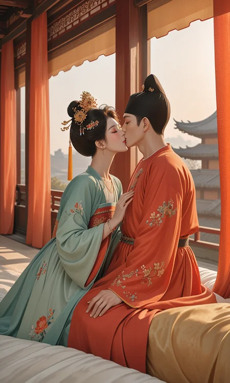 Top photography works, masterpiece, best quality, newest, absurdres, highres,
(1boy/gsfh, kiss, chinese clothes, black hair, hair bun, flower, hair ornament, jewelry, closed eyes, long sleeves, single hair bun, earrings, 1girl, hanfu, bracelet, 1boy, hetero, architecture, couple, hanfu, lyz and lc, lyz, lc, princess, Round-collar robe, bed, curtain, lyz at left, lc at right), close-up,
masterpiece, best quality, amazing quality, very aesthetic, absurdres, newest, haute couture,
light from one side, dark shadow,