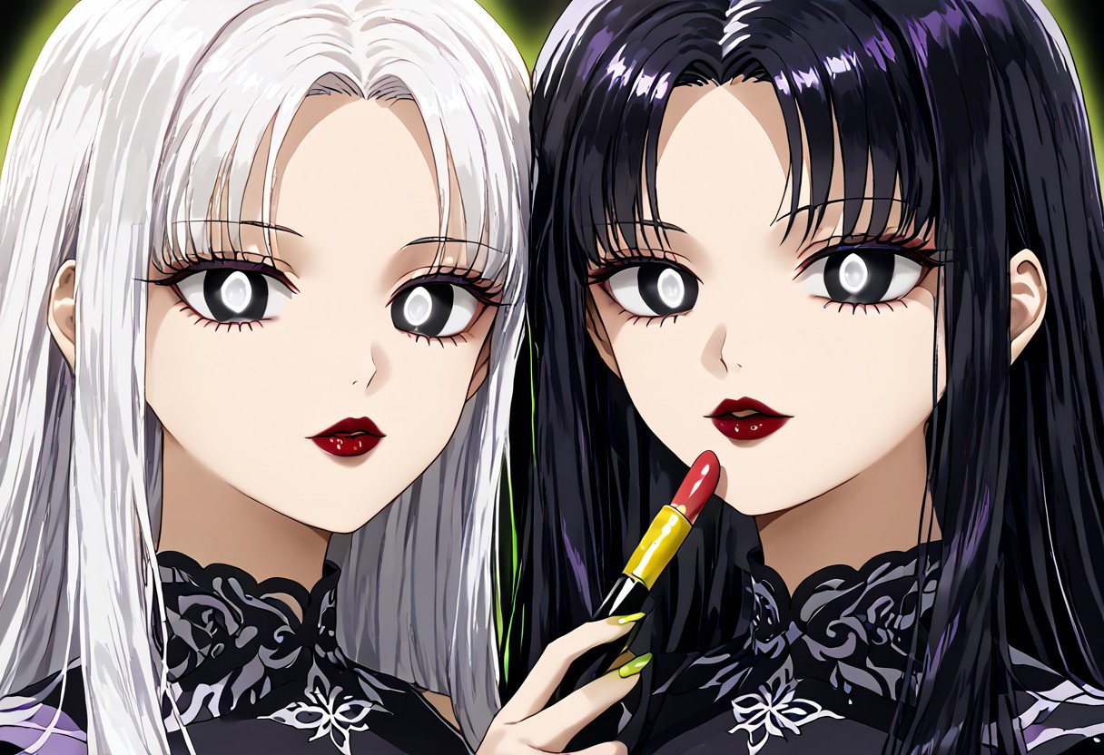 anime, empty eyes, hypnotized, lipstick, black lipstick, green lipstick, blue lipstick, yellow lipstick, red lipstick, purple lipstick, colorful lips, glossy lips, two females, adult, casual dress, long hair, black hair, white hair, black eyes, white eyes, twins, close up, applying lipstick, holding lipstick tube