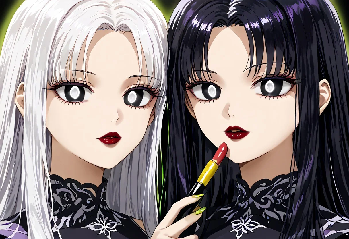 anime, empty eyes, hypnotized, lipstick, black lipstick, green lipstick, blue lipstick, yellow lipstick, red lipstick, purple lipstick, colorful lips, glossy lips, two females, adult, casual dress, long hair, black hair, white hair, black eyes, white eyes, twins, close up, applying lipstick, holding lipstick tube