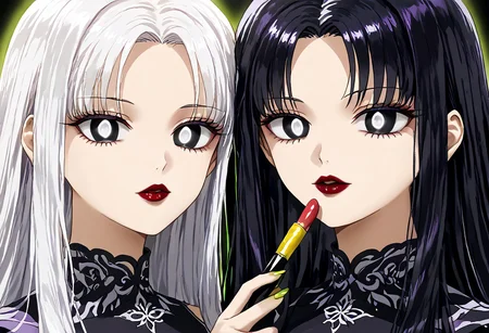 anime, empty eyes, hypnotized, lipstick, black lipstick, green lipstick, blue lipstick, yellow lipstick, red lipstick, purple lipstick, colorful lips, glossy lips, two females, adult, casual dress, long hair, black hair, white hair, black eyes, white eyes, twins, close up, applying lipstick, holding lipstick tube