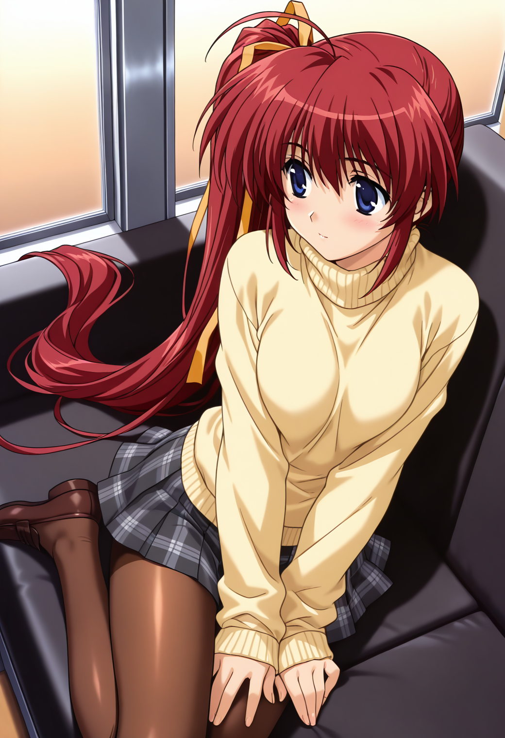 masterpiece, best quality, very aesthetic, absurdres, 1girl, solo,
<lora:takase_mizuki_v01:0.9>, takase_mizuki, red hair, very long hair, ahoge, side ponytail, blue eyes,
yellow sweater, turtleneck, long sleeves, black miniskirt, plated skirt, brown pantyhose, loafers
