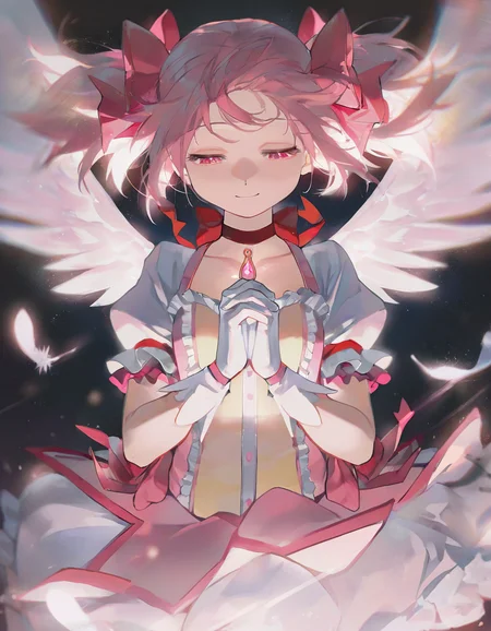 very awa, 1girl, kaname madoka \(magical girl\), kaname madoka, angel wings, praying, smile, half-closed eyes, close-up, blurry, cowboy shot, dark background, close-up, pink theme, glow, bloom, frills, underlighting, feathers, light particles, [masterpiece:0.15], [best quality:0.15], [newest:0.15], [absurdres:0.15] 
 <lora:artist_niukou_kouzi_vpred:1>