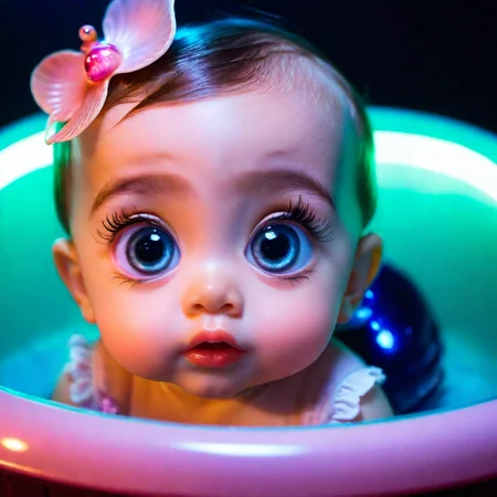 <lora:add-detail-xl:0.8> Baby ariel sitting in a sea pram in the style of the little mermaid, glowing eyes, multiple facial expressions, cinematic quality, cinematic lighting, 128k, 1080p, hyper realistic details, Canon EOS 1200p, neon, black light,DSLR, maxim, pastel colour palette,(mark ryden 1.3) <lora:bigeyes-xl-v1:0.8> big eyes, anime eyes