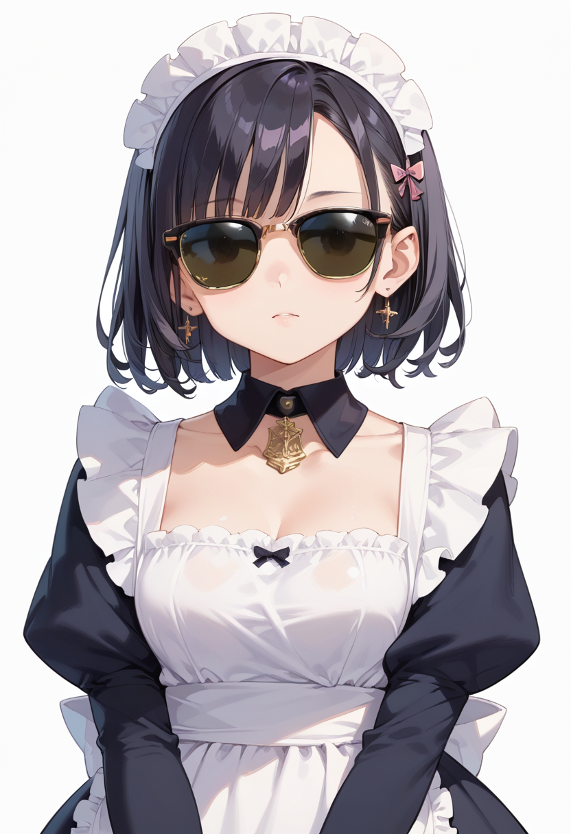 score_9, score_8_up, score_7_up, rating_safe, masterpiece, best quality, absurdres, unity 8k wallpaper, official art, official style, source_anime, uncensored, game cg, megami magazine,
1girl, solo, black hair, medium hair, upper body, covered eyes,maid, maid headdress, black dress, maid apron,
sirmont, sunglasses, white background, simple background, reflection, glasses, english text, black-framed eyewear, yellow-framed eyewear, two-tone eyewear, darkblack-tinted eyewear, covered eyes, 
 <lora:glasses_clubmaster_PONY_V1:1>