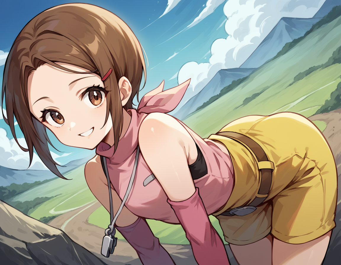 score_9, score_8_up, score_7_up, source_anime,
hikariyagami, <lora:hikari-yagami-ponyxl-lora-nochekaiser:1>,
hikari yagami, brown hair, brown eyes, hair clip, forehead,
detached sleeves, gloves, fingerless gloves, shirt, pink shirt, white shirt, two-tone-shirt, sleeveless, bare shoulders, belt, short, yellow shorts, whistle, pink sleeves, pink gloves, turtleneck,
landscape, bent over, smile,
looking at viewer, cowboy shot, solo, dutch angle,