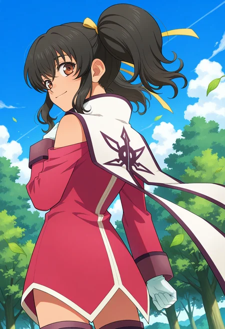 light smile, looking back, from behind,
cowboy shot, dynamic angle,
BREAK,
<lora:aniseover_illustriousXL_v01:0.9>
anisedef, black hair, brown eyes, twintails, sidelocks, yellow ribbons,
anisebase, white gloves, bare shoulders, detached collar, long sleeves, off shoulder, pink robe, tabard, capelet,
thigh boots, white thigh boots,, source_anime, very aesthetic, anime coloring, masterpiece,
best quality, amazing quality, ultra detailed, very aesthetic,
detailed background,
BREAK,, forest, flowers, clouds, day, floating leaves,