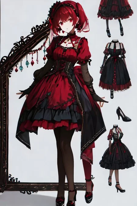 crimson_color dress, embroidery, jewelery, gown, frills, gloves/elbow gloves, high heels/shoes, pantyhose/thighhighs