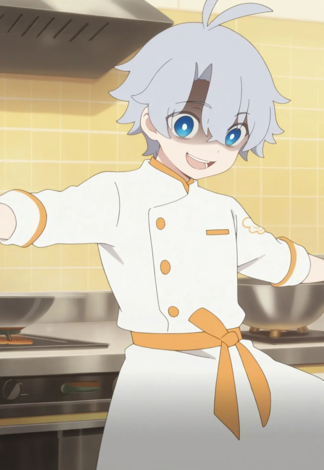 masterpiece, best quality, best aesthetics,
1boy, male focus, solo, standing, ((arms spread apart)), crazy face, phainonchef, blue eyes, grey hair, hair between eyes, short hair, antenna hair, chef, white jacket, kitchen, solo,