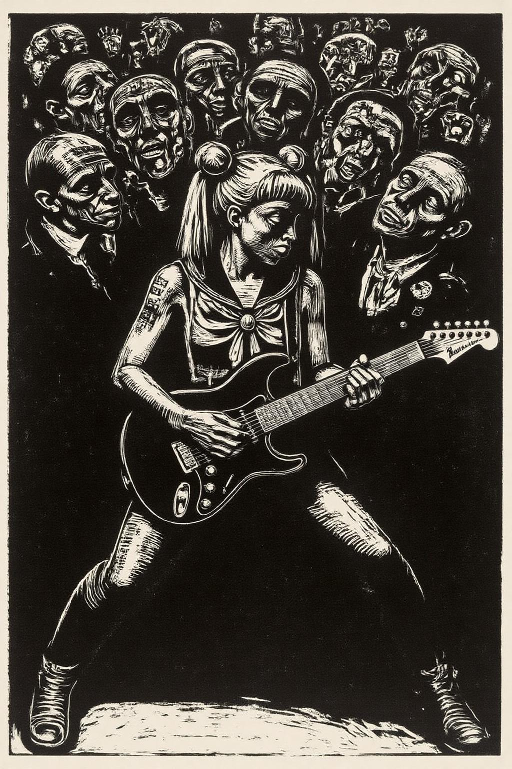 kako1 black and white woodcut print.punk sailor moon playing a guitar at a heavy metal mosh pit, tattoos, piercing.  <lora:kako3_woodcut_cap_d6a3e11:1.0><lora:817642777077751890:0>