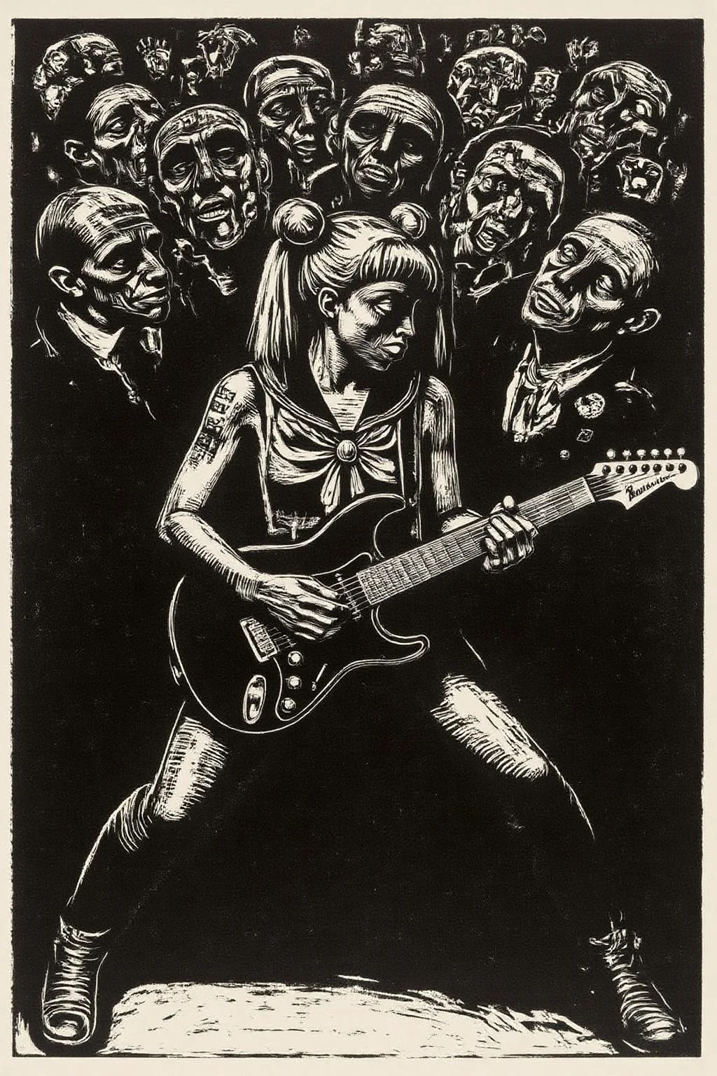 kako1 black and white woodcut print.punk sailor moon playing a guitar at a heavy metal mosh pit, tattoos, piercing. <lora:kako3_woodcut_cap_d6a3e11:1.0><lora:817642777077751890:0>