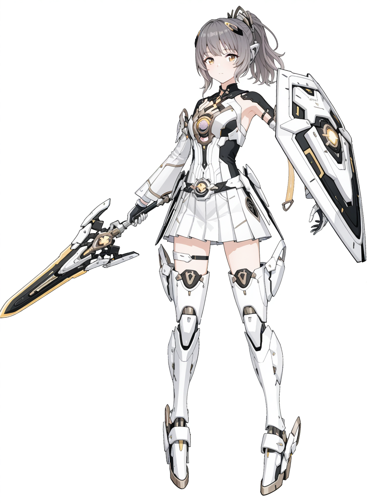 <lora:mai_pgr_nanami_mxzj:0.7>,mai_pgr_nanami_mxzj,1girl,solo,breasts,looking_at_viewer,skirt,gloves,thighhighs,holding,closed_mouth,yellow_eyes,grey_hair,ponytail,weapon,pleated_skirt,boots,sword,holding_weapon,thigh_strap,holding_sword,thigh_boots,headgear,white_skirt,science_fiction,shield,joints,mecha_musume,robot_joints,holding_shield,mechanical_legs,armpit_cutout,
<lora:mai_Ink_style:1.5>,traditional media,partially colored,negative space,simple background,white background,limited palette,Monochrome,