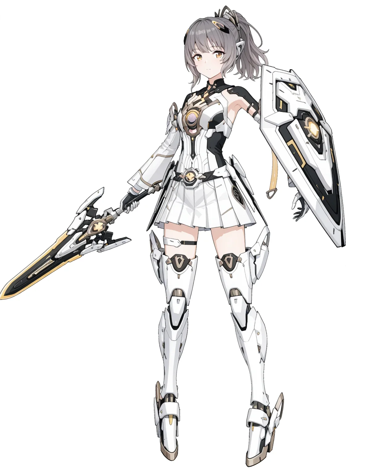 <lora:mai_pgr_nanami_mxzj:0.7>,mai_pgr_nanami_mxzj,1girl,solo,breasts,looking_at_viewer,skirt,gloves,thighhighs,holding,closed_mouth,yellow_eyes,grey_hair,ponytail,weapon,pleated_skirt,boots,sword,holding_weapon,thigh_strap,holding_sword,thigh_boots,headgear,white_skirt,science_fiction,shield,joints,mecha_musume,robot_joints,holding_shield,mechanical_legs,armpit_cutout,
<lora:mai_Ink_style:1.5>,traditional media,partially colored,negative space,simple background,white background,limited palette,Monochrome,