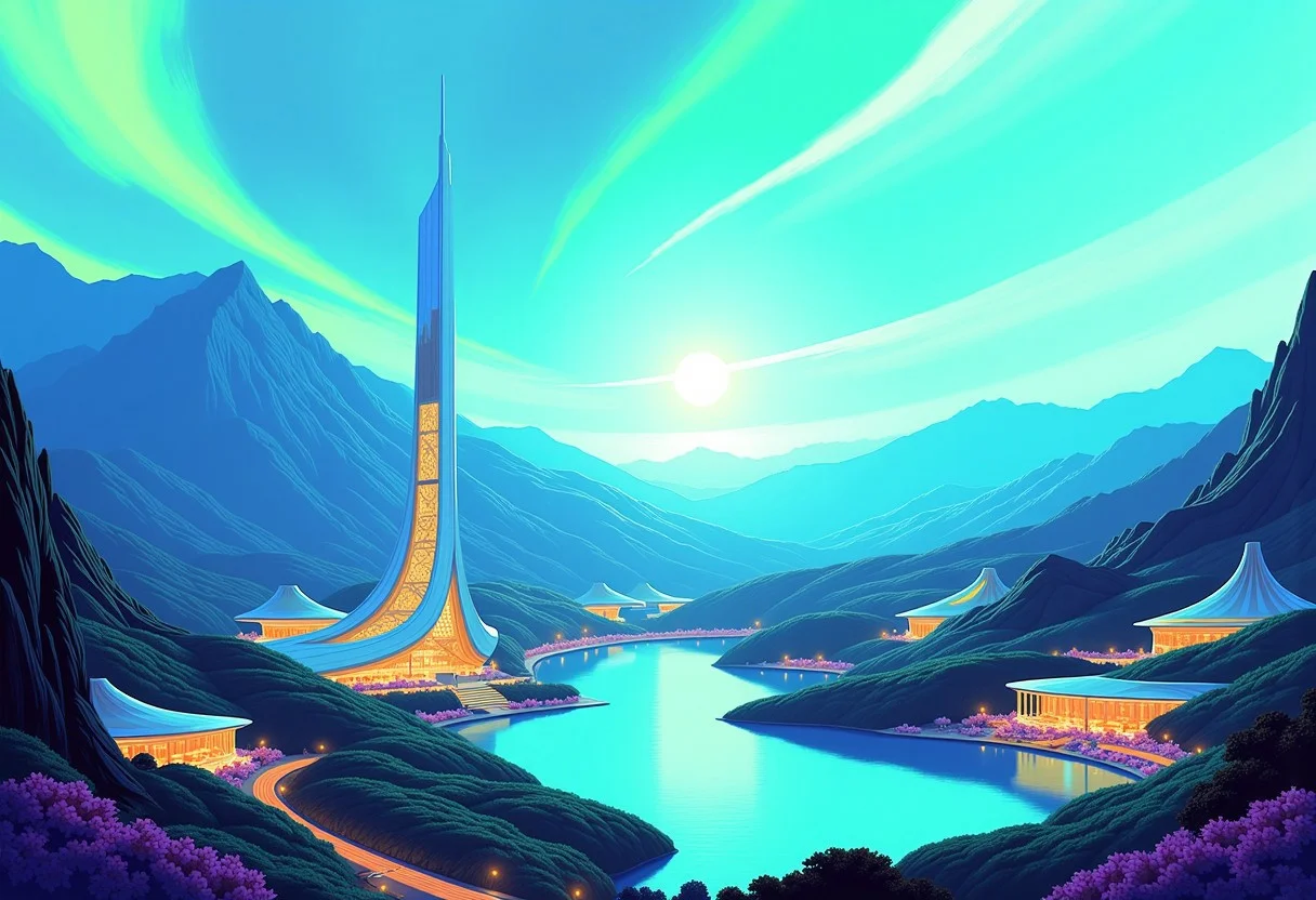 Planet Xylophia-IV, a stunning celestial body known for its breathtaking landscapes, making it an attractive destination for human colonization and terraforming efforts in the late 22nd century.
Soft, serene sky with blues gradating into vibrant, electric turquoise towards the horizon; delicate, swirling patterns of iridescent green and gold dance across the upper atmosphere.
A tranquil, crystal-clear lake reflects the aurora's ethereal dance, its surface dotted with lotus-like, bioluminescent flora that pulse in harmony with the planet's natural energy; undulating, emerald-green hills rise gently, covered in a lush, alien vegetation that shimmers with a subtle, rainbow hue; the rugged, sapphire-blue mountain range stretches across the horizon, its peaks hiding ancient, alien ruins and mysterious energy sources.
The center object is a majestic, spiral-shaped skyscraper, that pierces the sky, its surface adorned with a latticework of neon-lit, retro-futuristic accents; the spire serves as New Eden's heart, housing the colony's administration, a renowned intergalactic research center, and a luxurious, zero-gravity hotel.
As the dual suns dip below the horizon, New Eden transforms with a warm, golden lighting scheme, accentuating the retro-futuristic elements and casting a magical glow across the landscape.
Panoramic shot from a elevated vantage point, capturing the entirety of New Eden, the lake, and the majestic distant mountain ridge.