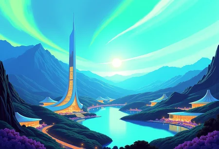 Planet Xylophia-IV, a stunning celestial body known for its breathtaking landscapes, making it an attractive destination for human colonization and terraforming efforts in the late 22nd century.
Soft, serene sky with blues gradating into vibrant, electric turquoise towards the horizon; delicate, swirling patterns of iridescent green and gold dance across the upper atmosphere.
A tranquil, crystal-clear lake reflects the aurora's ethereal dance, its surface dotted with lotus-like, bioluminescent flora that pulse in harmony with the planet's natural energy; undulating, emerald-green hills rise gently, covered in a lush, alien vegetation that shimmers with a subtle, rainbow hue; the rugged, sapphire-blue mountain range stretches across the horizon, its peaks hiding ancient, alien ruins and mysterious energy sources.
The center object is a majestic, spiral-shaped skyscraper, that pierces the sky, its surface adorned with a latticework of neon-lit, retro-futuristic accents; the spire serves as New Eden's heart, housing the colony's administration, a renowned intergalactic research center, and a luxurious, zero-gravity hotel.
As the dual suns dip below the horizon, New Eden transforms with a warm, golden lighting scheme, accentuating the retro-futuristic elements and casting a magical glow across the landscape.
Panoramic shot from a elevated vantage point, capturing the entirety of New Eden, the lake, and the majestic distant mountain ridge.