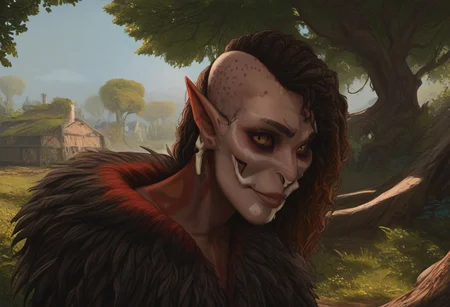 safe_pos, feminine, bosmer woman, fit body, bone masks, carved masks, painted masks, random face, colorful skin, pale tan skin, strong jawline, angular facial features, asymmetrical features, wide nose, fur mantle, rough leather clothes, female, archer's physique, joking demeanor, slightly pointed ears, pinned back ears, long face, very short ears, curved ears, scalloped ears, short ears, firbolg nose, uncanny features, snake nose, reptilian nose, realistic, long face, bosmer, alien, elongated head, flat nasal ridge, elongated skull, bony nose, slit nostrils, aquiline features, medium body hair, dunmer, creature, bony dermal ridges, rough complexion, body tattoos, native american tattoos, medium breasts, natural breasts, shapely figure, chiseled features, athletic build, weathered skin, large nose, animated realism, zoomed out, Inuit features, sage colored skin, pale skin, copper and jade clothes, dark orange sclera, saurian pupils, horizontal pupils, cuttlefish eyes, narrow eyes, dark red pupils, very slanted eyes, squinted eyes, double lidded eyes, eye membrane, slanted brows, bony brows, highly detailed, defined features, looking at viewer, from side, full body, zoomed out, dynamic lighting, 29 years old, light and shadows, jovial expression, expressive eyes, smiling, laughing, Native American pattern leather clothes, medium hair, elegant hairstyle, tribal hair, wavy hair, thick hair, braided hair, wild cut hair, semirealistic, alien elf, mongolian features, slavic features, aztec features, vibrant hair, colorful hair, sharp features, high detail, absurdres, intense eyes, detailed eyes, dark orange eyes, paleolithic clothes, Crowded village, dense redwood forest, intricate fur tents, bone furniture, masterpiece, Vilontrebramb, tree, outdoors, scenery, tree houses, elegant architecture