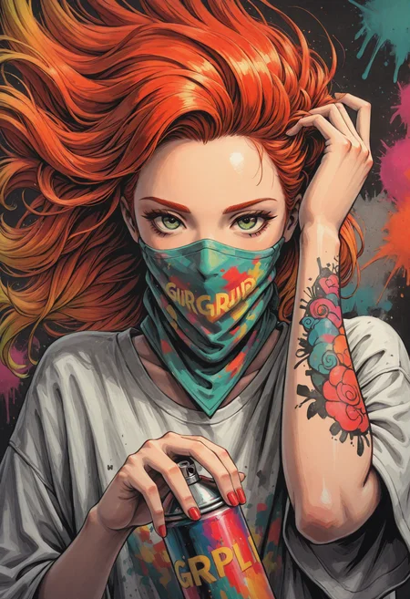lazypos,
traditional media,
linear hatching, anime coloring, spray paint, flat color, graffiti portrait, (kuroi susumu:1.4),
close up, dutch angle,
a graffiti portrait, 1girl, beautiful, sexy, seductive, (red hair, orange hair, yellow hair, gradient hair), bright green eyes, oversized clothes, baggy clothes, short sleeves, wide sleeves, streetwear, arm tattoo,
dynamic pose, one hand in hair, floating hair, second hand holding spray can, bandana over mouth,
science fiction theme, pop art style, abstract, intricate, colorful, vibrant palette, green and red prevail, street art, artwork,
jeddtl02,hs ink,icjournals,graffistyle,gs_ill,
<lora:DetailerILv2:0.4> <lora:HScoloredinkIlls:0.25> <lora:GraffiStyle:0.7>
