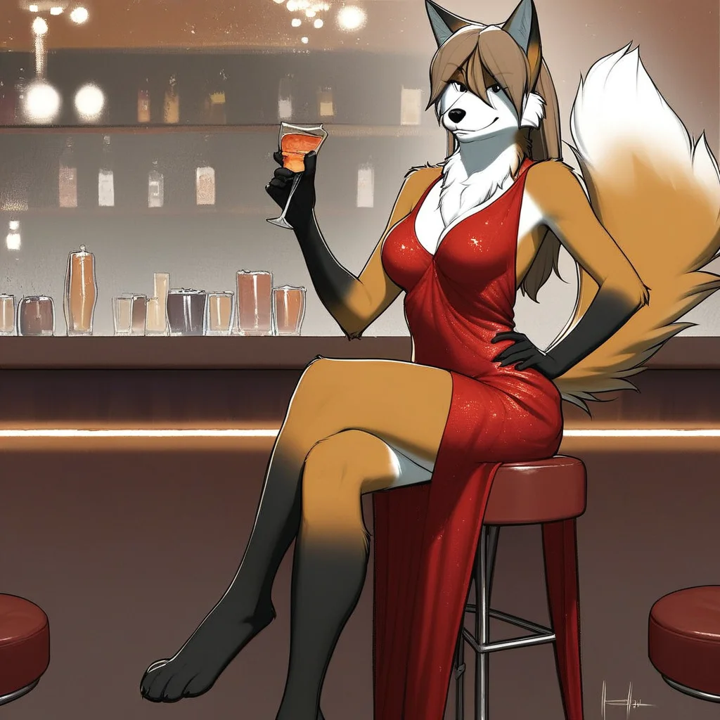 Score_9, score_8_up, score_7_up, score_6_up, score_5_up, score_4_up, by meesh, Solo, 1girl, anthro, female furry, red fox, vixen, orange and white fur, brown hair, long hair, black hands, black feet, dipstick tail, black eyes, large breasts, full body, red evening dress, sitting on stool, shot glass in hand, one hand on hip, legs crossed, coy smile, looking at viewer, bar setting,