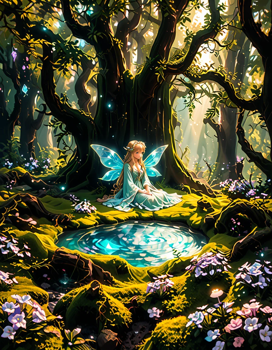 A graceful fairy woman sitting elegantly in front of an enchanted forest,3nch4nt3d f0r3st. She has delicate, shimmering translucent wings that catch the light, creating a soft iridescent glow. Her flowing dress is a pastel pink adorned with intricate floral patterns, appearing almost as if itâs made from petals. Her posture is relaxed yet regal, with one hand gently resting on her lap and the other lightly holding a small glowing orb. Her long, wavy hair cascades down her back in soft golden locks, with small flowers woven into it. Her expression is serene and slightly wistful, with a warm, gentle smile.
The enchanted forest behind her is mystical and vibrant, with towering ancient trees whose twisted branches are illuminated by bioluminescent plants. Soft golden and purple light filters through the dense foliage, giving the scene an otherworldly atmosphere. Tiny glowing fireflies float around her, adding to the magical ambiance. The ground is covered in lush moss and scattered with colorful, luminous mushrooms. The overall lighting is soft and dreamy, with a subtle pink and purple hue blending harmoniously with the fairyâs attire. This scene evokes a feeling of peace, wonder, and enchantment.<lora:SDXLFaeTastic2400:0.4> <lora:extremely_detailed:0.4> extremely detailed, <lora:3nch4nt3d_f0r3st:1>, Masterpiece,best quality,hi res,8k,hi res,8k,award winning,(sharp focus, intricate, highly detailed),