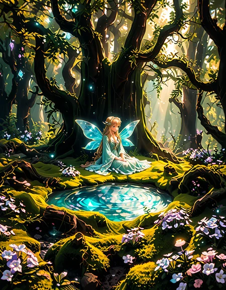 A graceful fairy woman sitting elegantly in front of an enchanted forest,3nch4nt3d f0r3st. She has delicate, shimmering translucent wings that catch the light, creating a soft iridescent glow. Her flowing dress is a pastel pink adorned with intricate floral patterns, appearing almost as if itâs made from petals. Her posture is relaxed yet regal, with one hand gently resting on her lap and the other lightly holding a small glowing orb. Her long, wavy hair cascades down her back in soft golden locks, with small flowers woven into it. Her expression is serene and slightly wistful, with a warm, gentle smile.
The enchanted forest behind her is mystical and vibrant, with towering ancient trees whose twisted branches are illuminated by bioluminescent plants. Soft golden and purple light filters through the dense foliage, giving the scene an otherworldly atmosphere. Tiny glowing fireflies float around her, adding to the magical ambiance. The ground is covered in lush moss and scattered with colorful, luminous mushrooms. The overall lighting is soft and dreamy, with a subtle pink and purple hue blending harmoniously with the fairyâs attire. This scene evokes a feeling of peace, wonder, and enchantment.<lora:SDXLFaeTastic2400:0.4> <lora:extremely_detailed:0.4> extremely detailed, <lora:3nch4nt3d_f0r3st:1>, Masterpiece,best quality,hi res,8k,hi res,8k,award winning,(sharp focus, intricate, highly detailed),
