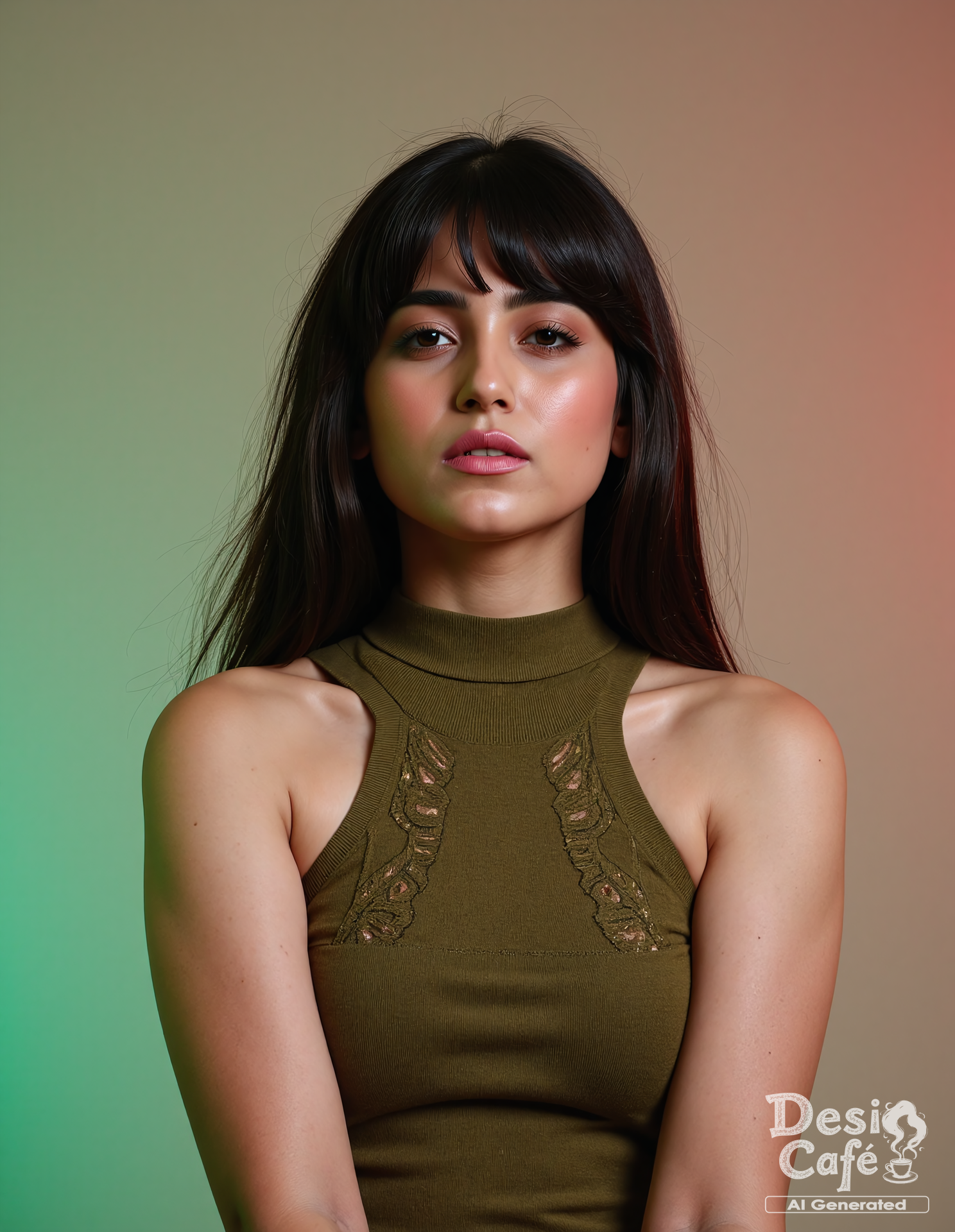 full body photo of n41n4 woman, hyper realistic photo that is safe for work, shouting, studio quality image with natural colors, well dressed wearing intricate sleeveless Olive turtleneck sweater, hair styled as  bangs,muted pastel shaded multicolored background that contrasts with the person, cinematic lighting,âââââ   <lora:n41na_Naina_Ganguly_Flux_Kohya_V1:0.9>âââ