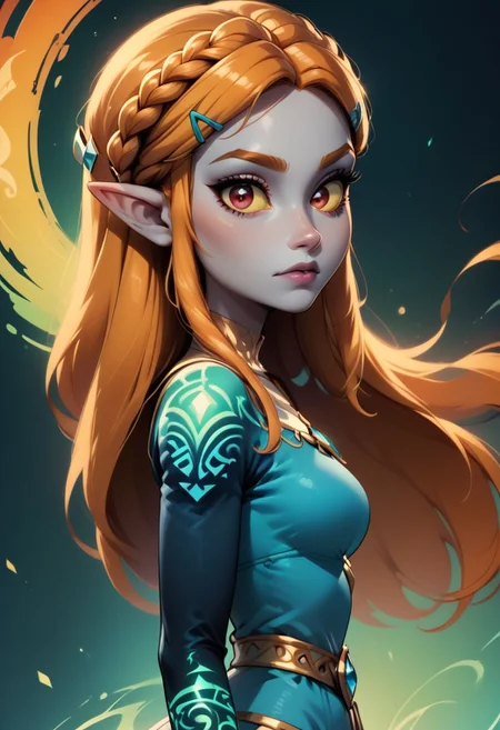 score_9, score_8_up, score_8,
medium breasts, cute, eyelashes ,
(green glow),
vivid, vibrant colors, color theory,
(zzTwilightZelda:1.1), glow, glowing, dark skin, grey skin, glowing tattoo, pointy ears, red eyes, orange hair, long hair, yellow sclera, princess zelda, 1girl, bangs, breasts, bridal gauntlets, closed mouth, expressionless, from side, jewelry, long hair, long sleeves,
(crazy abstract background),