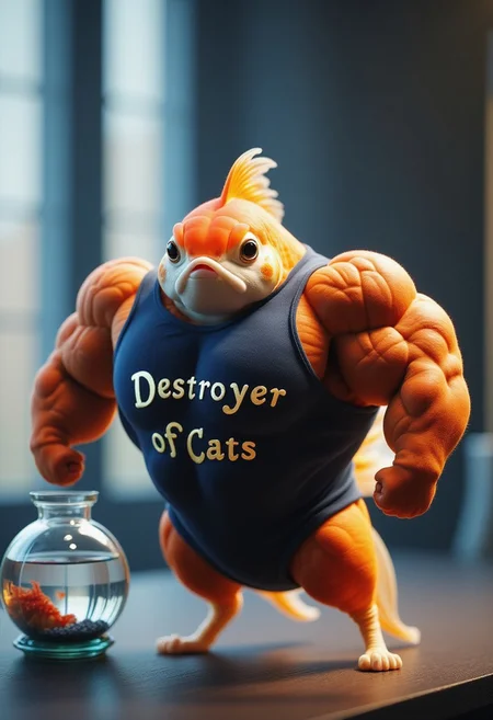 Anthroid Goldfish, wearing a sleeveless muscle shirt, in it's fishbowl on your nightstand, standing on two fins while looking menacingly at the viewer, the word "Destroyer Of Cats" is on the shirt. highest quality, 4k, masterpiece, HDR