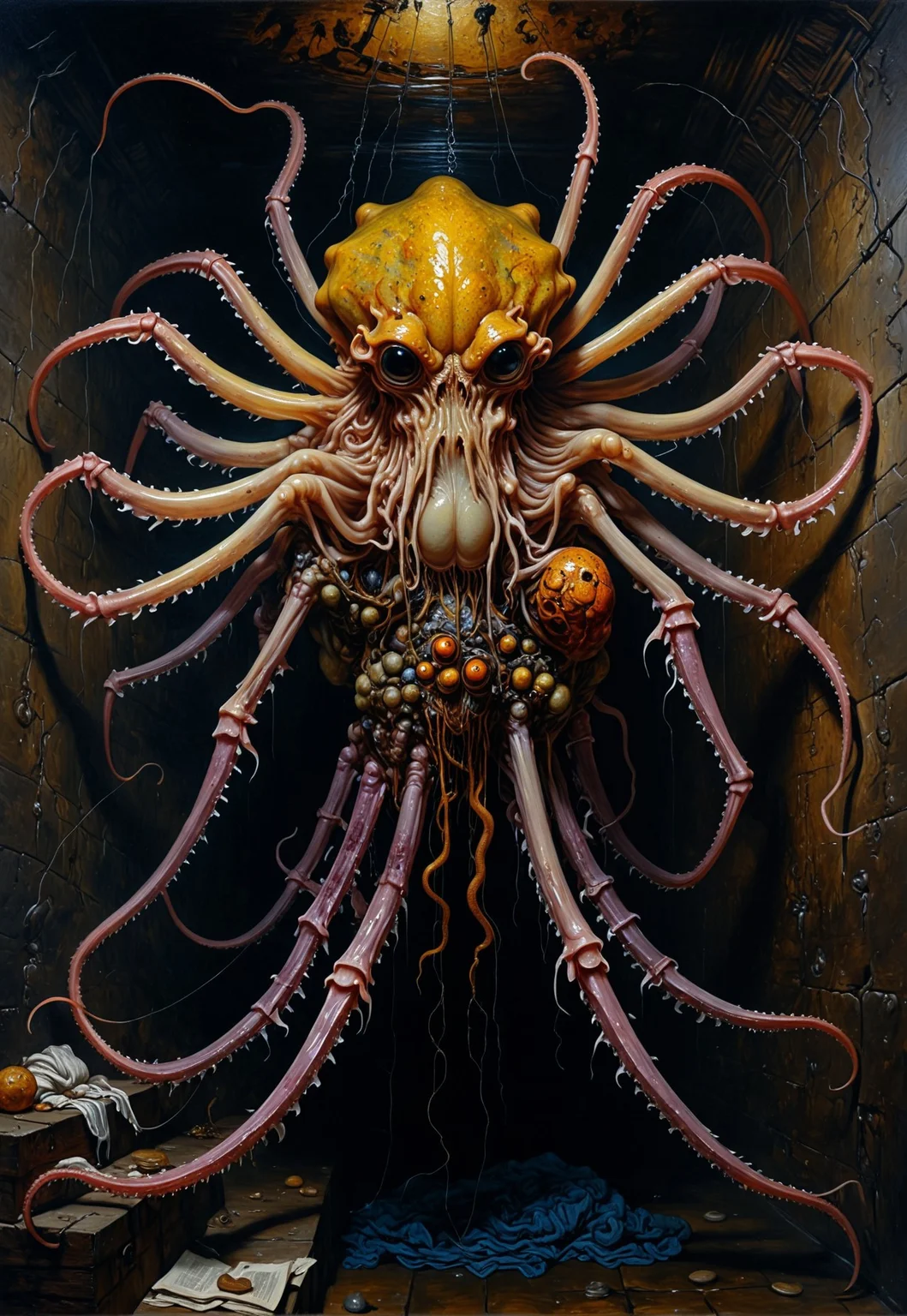 Rembrandt realistic oil painting, retro artstyle, score_9, score_8_up, score_9_up, very detailed, ultra realistic, (best quality) very detailed masterpiece, full body portrait of a squid-like spider-like horror monster in a dungeon, iridescent skin, muscular body, glowing eyes, rembrandt style, vermeer style, low saturation, photo realistic oil painting,