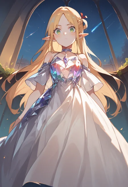 score_9, score_8_up, score_7_up, score_6_up, source anime,
ellicrampnxl, marcille donato, 1girl, pointy ears, long hair, elf, choker,
[white:crystalline:0.4] dress, bare shoulders, looking at viewer, from below ,
volumetric lighting, low key, high contrast, dark room, furniture, indoors, vivid color, window, night, shooting star,
masterpeice, best quality, very aesthetic, absurdres
<lora:dungeon_meshi_marcille:0.8>
 <lora:crystalline_dress-PD-1.0:1>